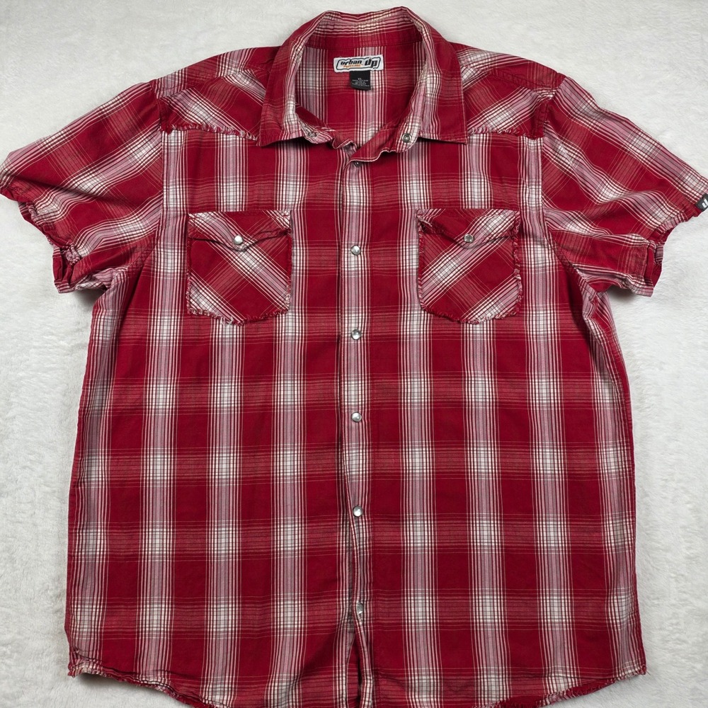 Urban Pipeline Western Shirt Mens XL Red Plaid Excellent Pearl Snap Short Sleeve